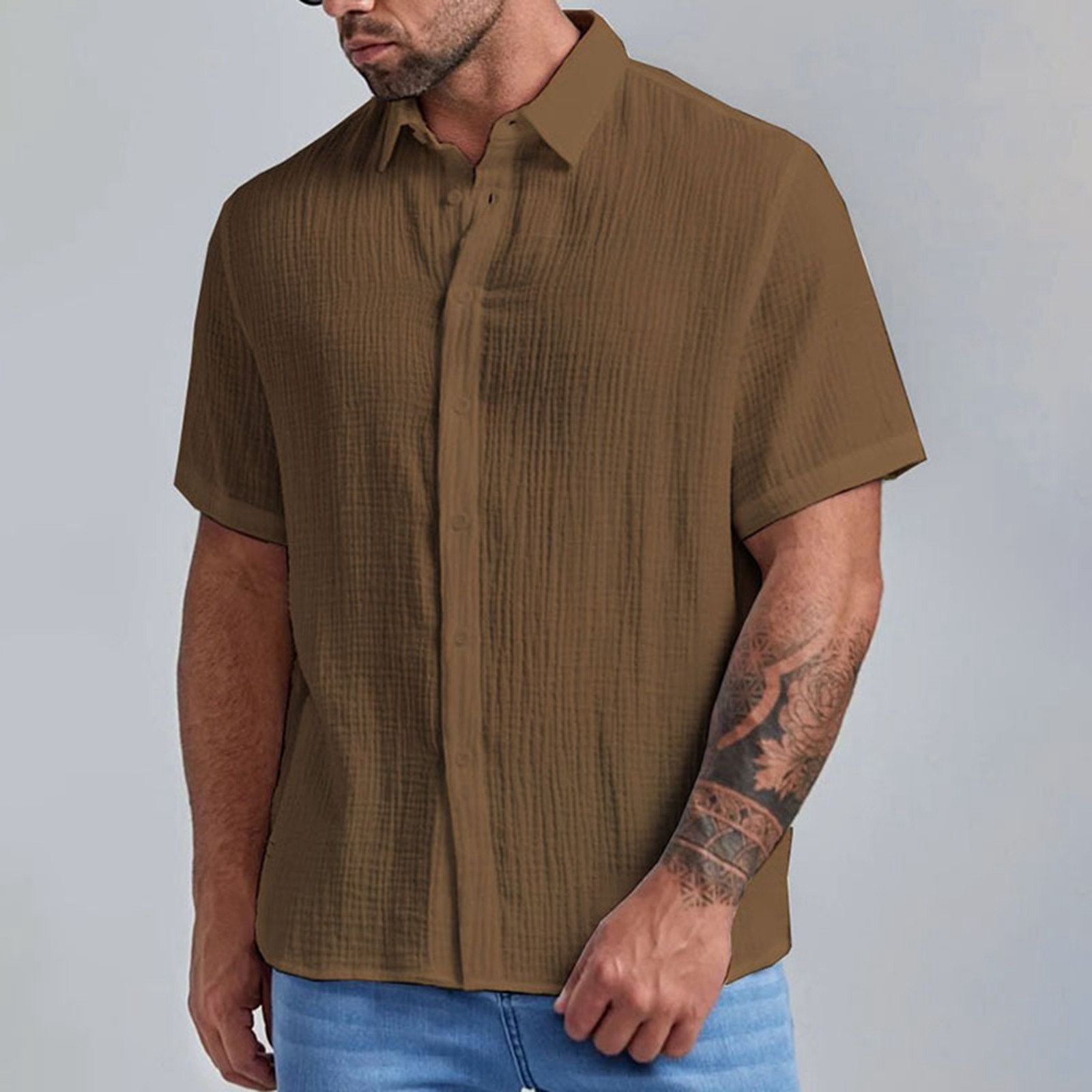 thumbnail image 3 of Camisa de manga corta con cuello cubano para hombre - Camisa informal con botones para bodas en la playa - Ropa de verano, 3 of 5